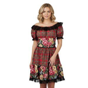 Stunning Mixed Pattern Rockabilly Plaid Floral Black Lace Handmade Dress Size S